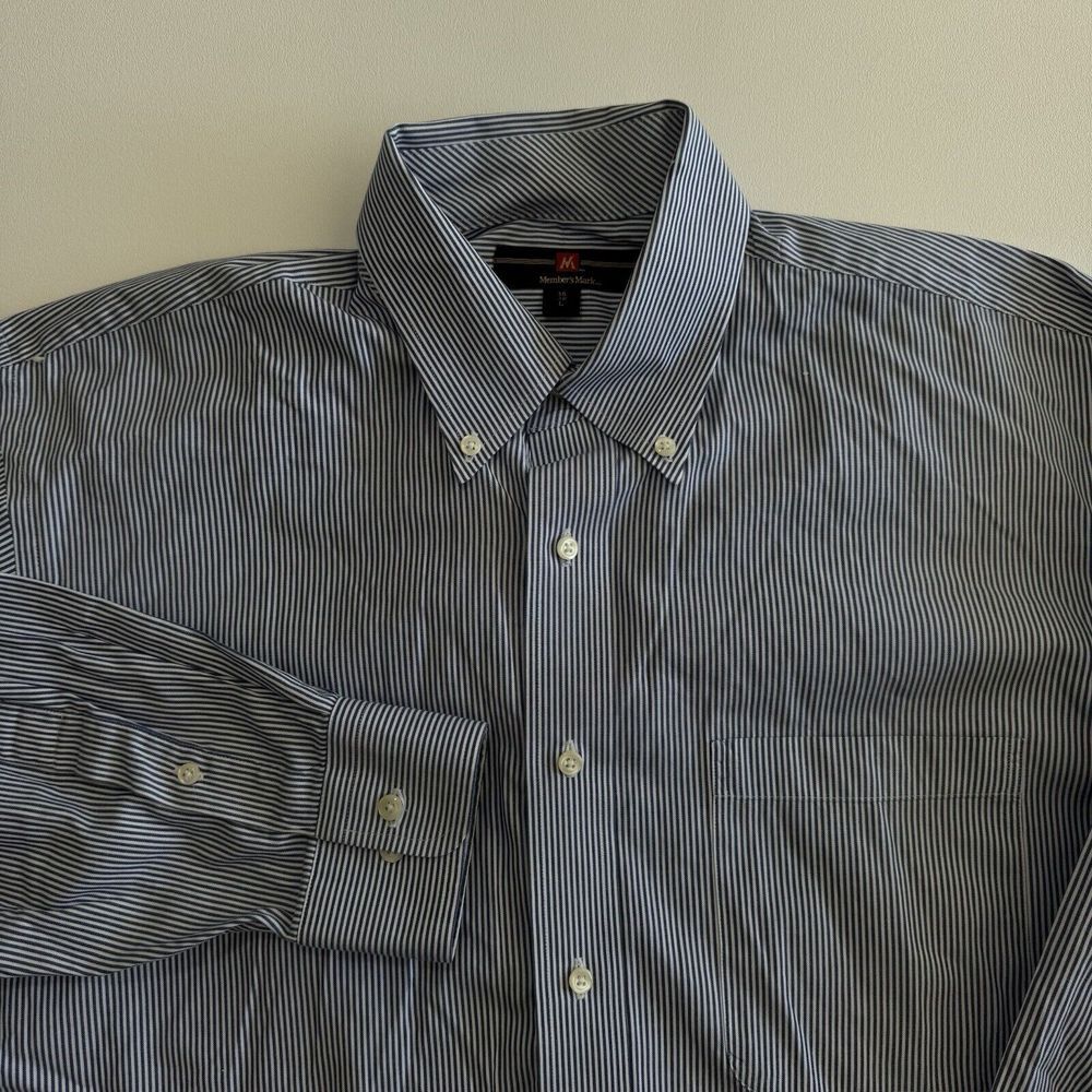 MEMBERS MARK MENS BUTTON UP LONG SLEEVE SHIRT BLUE STRIPED‎ SIZE L 16/32 POCKET